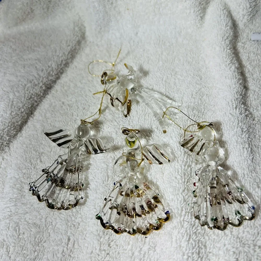 Clear Glass Gold Outlined Christmas Tree 3”‎ Angel Ornaments Lot of 4 -READ